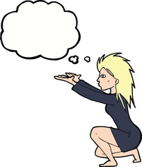cartoon woman casting spel with thought bubble