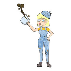 texture cartoon female worker with coffee mug
