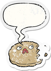 cartoon bitten cookie and speech bubble distressed sticker
