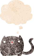 cartoon cat and thought bubble in retro textured style