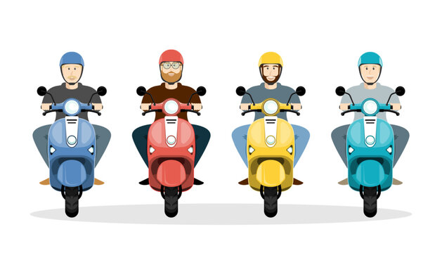 Cartoon different friend gang driving motorcycle on isolated background, Digital marketing illustration.