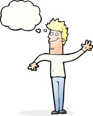 cartoon happy waving man with thought bubble