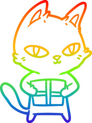 rainbow gradient line drawing cartoon cat holding parcel