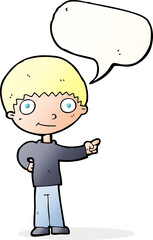 cartoon happy boy pointing with speech bubble