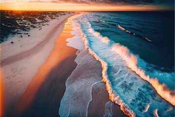 Naklejka premium Beautiful beach in the sunset from birds view, made with generated ai