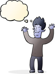 cartoon happy vampire man with thought bubble
