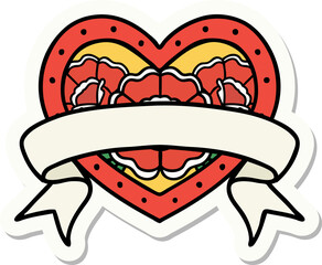 tattoo style sticker of a heart and banner with flowers