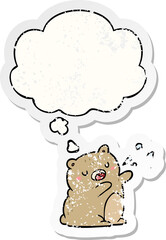 cartoon singing bear and thought bubble as a distressed worn sticker