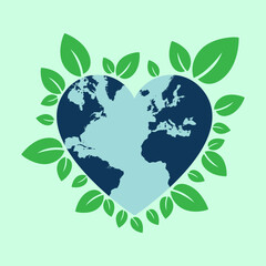 Eco friendly flat icon with green leaves and globe heart.