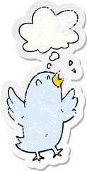 cartoon bird singing and thought bubble as a distressed worn sticker