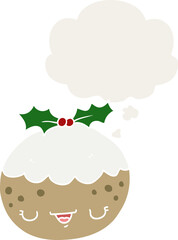 cute cartoon christmas pudding and thought bubble in retro style
