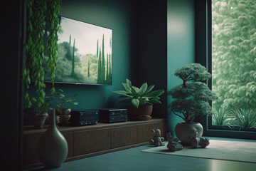 Meditation space: Green interior with bonsai and other meditation equipment in the spring | Generative AI Production