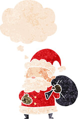 cartoon santa claus and thought bubble in retro textured style