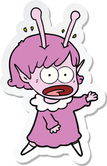 sticker of a cartoon shocked alien girl