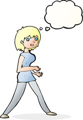 cartoon woman walking with thought bubble