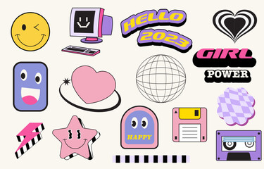 90s object design in pop and y2k style with emoji, star,tape