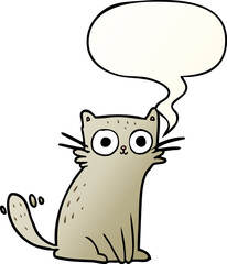 cartoon staring cat and speech bubble in smooth gradient style