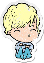 distressed sticker of a cartoon woman thinking