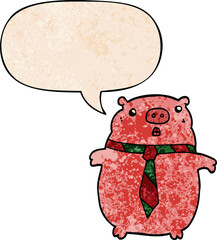 cartoon pig wearing office tie and speech bubble in retro texture style