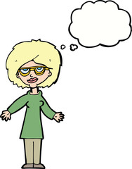 cartoon woman wearing glasses with thought bubble