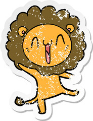 distressed sticker of a happy cartoon lion