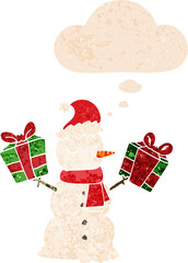 cartoon snowman and thought bubble in retro textured style