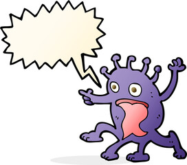 cartoon weird little alien with speech bubble