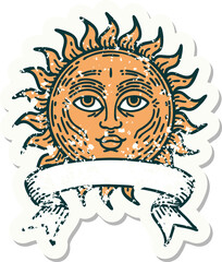 grunge sticker with banner of a sun with face