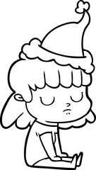 line drawing of a indifferent woman wearing santa hat