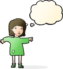 cartoon woman in patched clothing with thought bubble