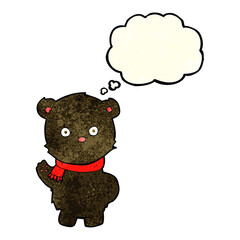 cartoon waving black bear cub with thought bubble
