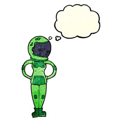 cartoon female astronaut with thought bubble