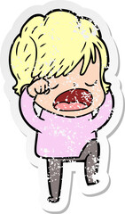 distressed sticker of a cartoon woman talking
