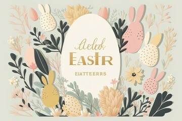 Happy Easter banner, poster, greeting card. Trendy Easter design with typography, bunnies, flowers, eggs, and bunny ears, in pastel colors. Modern minimal style, AI generated