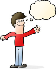cartoon happy man waving with thought bubble