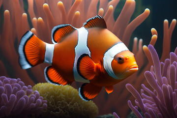 Naklejka na ściany i meble Clownfish orange and white stripes. Generative AI