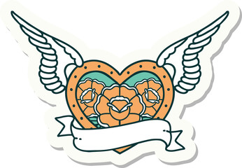 tattoo style sticker of a flying heart with flowers and banner
