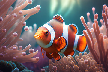 Obraz na płótnie Canvas Clownfish orange and white stripes. Generative AI