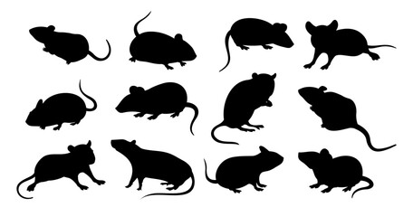 Mice silhouette, black rat icons, animal rodents set. Animal drawing in different poses, plague pest standing in laboratory, long tails. Simple graphic. Vector isolated collection