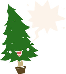 cute cartoon christmas tree and speech bubble in retro style