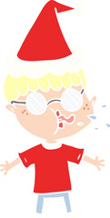 flat color illustration of a boy wearing spectacles wearing santa hat