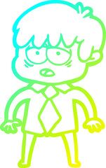 cold gradient line drawing cartoon exhausted boy