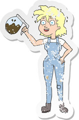 retro distressed sticker of a too much coffee cartoon