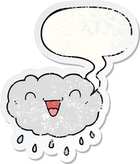 happy cartoon cloud and speech bubble distressed sticker