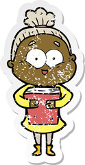 distressed sticker of a cartoon happy old woman