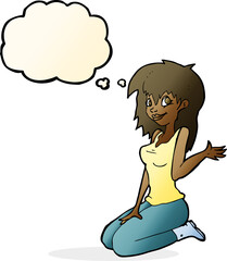 cartoon pretty girl waving with thought bubble