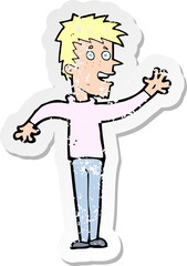 retro distressed sticker of a cartoon happy boy waving