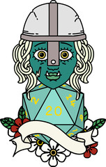 half orc fighter character with natural 20 dice roll illustration