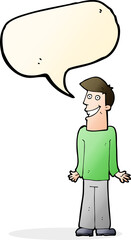 cartoon man shrugging shoulders with speech bubble