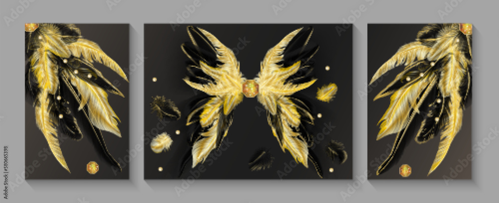 Wall mural set of modern creative gold and black feathers and feathered butterfly. illustrations for home decor